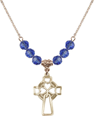 18" Hamilton Gold Plated Necklace with 4mm Sapphire Crystal Beads featuring a 14kt Gold Filled Shamrock Cross Medal.