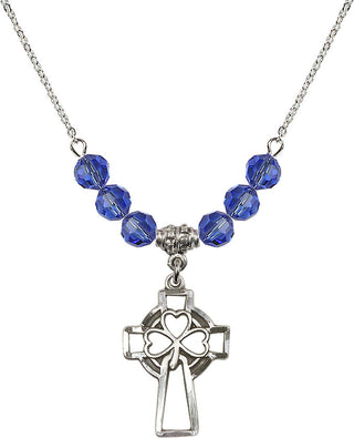 18" Rhodium Plated Necklace with 4mm Sapphire Crystal Beads featuring a Sterling Silver Shamrock Cross Medal.