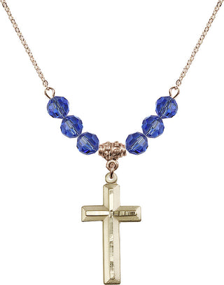 18" Hamilton Gold Plated Necklace with 4mm Sapphire Crystal Beads featuring a 14kt Gold Filled Cross Medal. Engraved Catholic Saint Jewelry