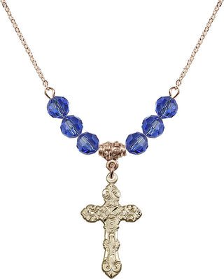 18" Hamilton Gold Plated Necklace with 4mm Sapphire Crystal Beads featuring a 14kt Gold Filled Cross Medal. Engraved Catholic Saint Jewelry