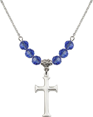 18" Rhodium Plated Necklace with 4mm Sapphire Crystal Beads featuring a Sterling Silver Cross Medal. Engraved Catholic Saint Jewelry