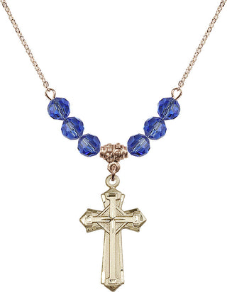 18" Hamilton Gold Plated Necklace with 4mm Sapphire Crystal Beads featuring a 14kt Gold Filled Cross Medal. Engraved Catholic Saint Jewelry