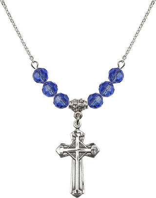 18" Rhodium Plated Necklace with 4mm Sapphire Crystal Beads featuring a Sterling Silver Cross Medal. Engraved Catholic Saint Jewelry
