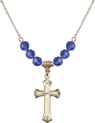 18" Hamilton Gold Plated Necklace with 4mm Sapphire Crystal Beads featuring a 14kt Gold Filled Cross Medal. Engraved Catholic Saint Jewelry