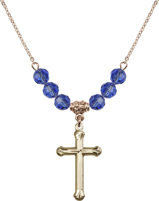 18" Hamilton Gold Plated Necklace with 4mm Sapphire Crystal Beads featuring a 14kt Gold Filled Cross Medal. Engraved Catholic Saint Jewelry