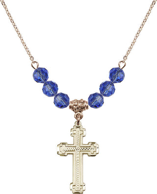 18" Hamilton Gold Plated Necklace with 4mm Sapphire Crystal Beads featuring a 14kt Gold Filled Cross Medal.