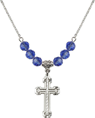 18" Rhodium Plated Necklace with 4mm Sapphire Crystal Beads featuring a Sterling Silver Cross Medal.