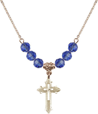 18" Hamilton Gold Plated Necklace with 4mm Sapphire Crystal Beads featuring a 14kt Gold Filled Cross on Cross Medal. Engraved Catholic Saint Jewelry