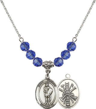 18" Rhodium Plated Necklace with 4mm Sapphire Crystal Beads featuring a Sterling Silver Saint Florian/Firefighter Medal.