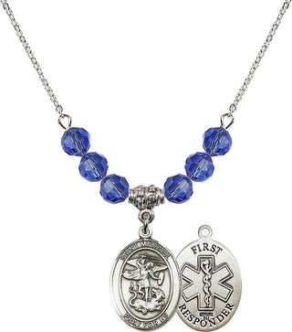 18" Rhodium Plated Necklace with 4mm Sapphire Crystal Beads featuring a Sterling Silver Saint Michael/1St Responder Medal.