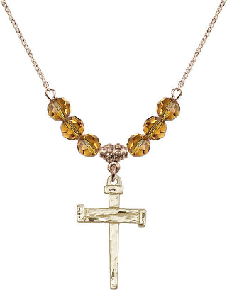 18" Hamilton Gold Plated Necklace with 4mm Topaz Crystal Beads featuring a 14kt Gold Filled Nail Cross Medal.