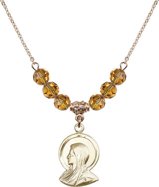 18" Hamilton Gold Plated Necklace with 4mm Topaz Crystal Beads featuring a 14kt Gold Filled Madonna Medal.