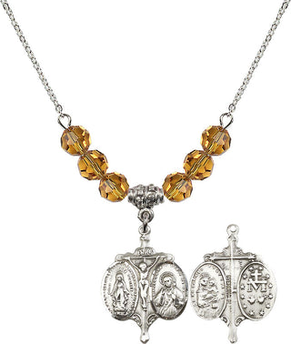 18" Rhodium Plated Necklace with 4mm Topaz Crystal Beads featuring a Sterling Silver Novena Medal.