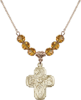 18" Hamilton Gold Plated Necklace with 4mm Topaz Crystal Beads featuring a 14kt Gold Filled 5-Way Medal.