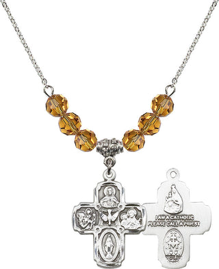 18" Rhodium Plated Necklace with 4mm Topaz Crystal Beads featuring a Sterling Silver 5-Way Medal.