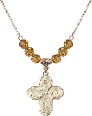 18" Hamilton Gold Plated Necklace with 4mm Topaz Crystal Beads featuring a 14kt Gold Filled 4-Way Medal.