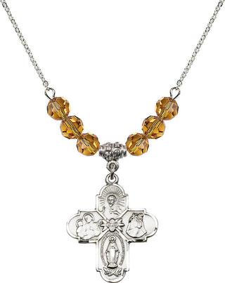 18" Rhodium Plated Necklace with 4mm Topaz Crystal Beads featuring a Sterling Silver 4-Way Medal.