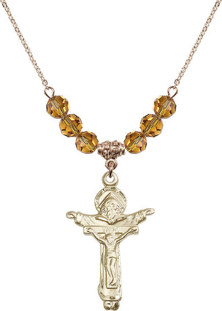 18" Hamilton Gold Plated Necklace with 4mm Topaz Crystal Beads featuring a 14kt Gold Filled Trinity Crucifix Medal.
