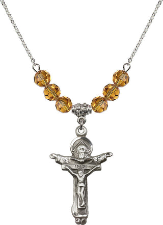 18" Rhodium Plated Necklace with 4mm Topaz Crystal Beads featuring a Sterling Silver Trinity Crucifix Medal.