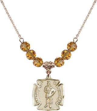 18" Hamilton Gold Plated Necklace with 4mm Topaz Crystal Beads featuring a 14kt Gold Filled Saint Florian Medal. Engraved Catholic Saint Jewelry