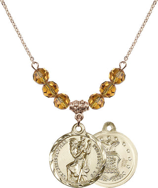 18" Hamilton Gold Plated Necklace with 4mm Topaz Crystal Beads featuring a 14kt Gold Filled Saint Christopher / Air Force Medal.