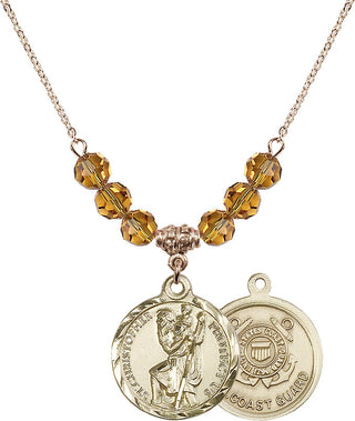 18" Hamilton Gold Plated Necklace with 4mm Topaz Crystal Beads featuring a 14kt Gold Filled Saint Christopher / Coast Guard Medal.