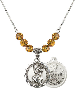 18" Rhodium Plated Necklace with 4mm Topaz Crystal Beads featuring a Sterling Silver Saint Christopher / Air Force Medal.