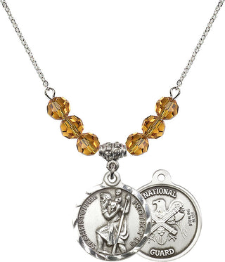 18" Rhodium Plated Necklace with 4mm Topaz Crystal Beads featuring a Sterling Silver Saint Christopher / Nat'l Guard Medal.