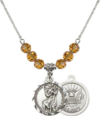 18" Rhodium Plated Necklace with 4mm Topaz Crystal Beads featuring a Sterling Silver Saint Christopher / Navy Medal.
