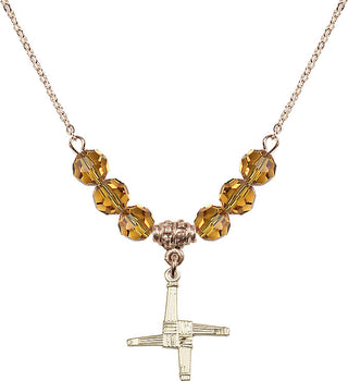 18" Hamilton Gold Plated Necklace with 4mm Topaz Crystal Beads featuring a 14kt Gold Filled Saint Brigid Cross Medal.