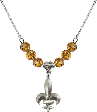 18" Rhodium Plated Necklace with 4mm Topaz Crystal Beads featuring a Sterling Silver Fleur de Lis Medal.