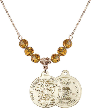 18" Hamilton Gold Plated Necklace with 4mm Topaz Crystal Beads featuring a 14kt Gold Filled Saint Michael / Air Force Medal.