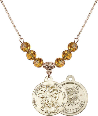 18" Hamilton Gold Plated Necklace with 4mm Topaz Crystal Beads featuring a 14kt Gold Filled Saint Michael / Coast Guard Medal.