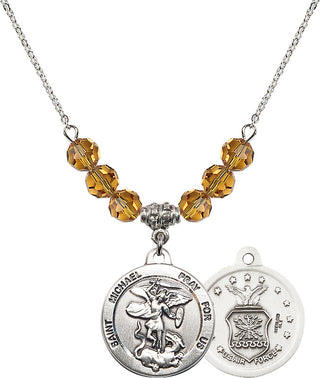 18" Rhodium Plated Necklace with 4mm Topaz Crystal Beads featuring a Sterling Silver Saint Michael / Air Force Medal.