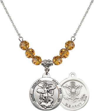 18" Rhodium Plated Necklace with 4mm Topaz Crystal Beads featuring a Sterling Silver Saint Michael / Army Medal.
