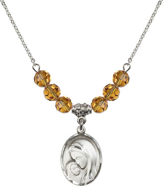 18" Rhodium Plated Necklace with 4mm Topaz Crystal Beads featuring a Sterling Silver Madonna & Child Medal.