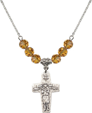 18" Rhodium Plated Necklace with 4mm Topaz Crystal Beads featuring a Sterling Silver Papal Crucifix Medal.