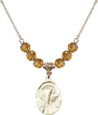 18" Hamilton Gold Plated Necklace with 4mm Topaz Crystal Beads featuring a 14kt Gold Filled Sorrowful Mother Medal.