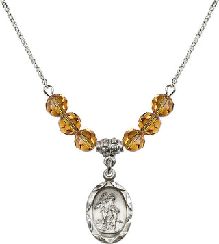 18" Rhodium Plated Necklace with 4mm Topaz Crystal Beads featuring a Sterling Silver Guardian Angel Medal. Engraved Catholic Saint Jewelry