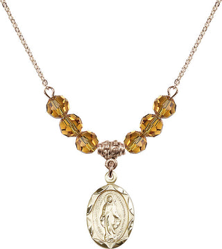 18" Hamilton Gold Plated Necklace with 4mm Topaz Crystal Beads featuring a 14kt Gold Filled Miraculous Medal.