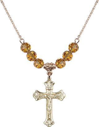 18" Hamilton Gold Plated Necklace with 4mm Topaz Crystal Beads featuring a 14kt Gold Filled Crucifix Medal.