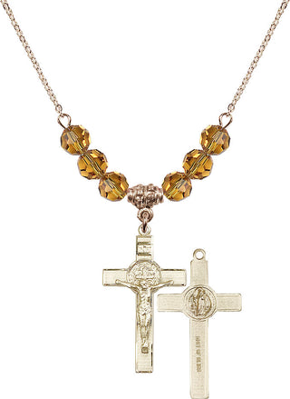 18" Hamilton Gold Plated Necklace with 4mm Topaz Crystal Beads featuring a 14kt Gold Filled Saint Benedict Crucifix Medal.