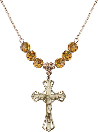 18" Hamilton Gold Plated Necklace with 4mm Topaz Crystal Beads featuring a 14kt Gold Filled Crucifix Medal.
