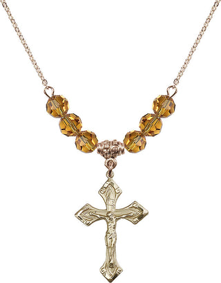 18" Hamilton Gold Plated Necklace with 4mm Topaz Crystal Beads featuring a 14kt Gold Filled Crucifix Medal.
