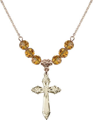 18" Hamilton Gold Plated Necklace with 4mm Topaz Crystal Beads featuring a 14kt Gold Filled Cross Medal.