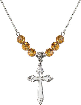 18" Rhodium Plated Necklace with 4mm Topaz Crystal Beads featuring a Sterling Silver Cross Medal.