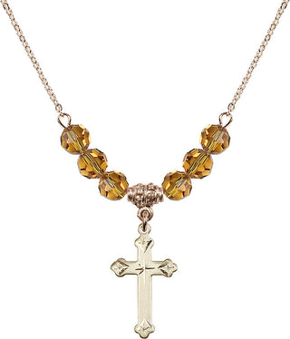 18" Hamilton Gold Plated Necklace with 4mm Topaz Crystal Beads featuring a 14kt Gold Filled Cross Medal.