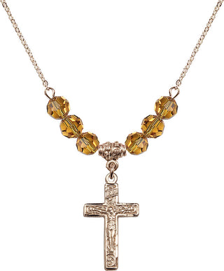 18" Hamilton Gold Plated Necklace with 4mm Topaz Crystal Beads featuring a 14kt Gold Filled Crucifix Medal.