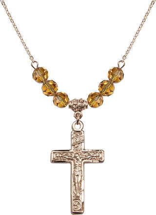 18" Hamilton Gold Plated Necklace with 4mm Topaz Crystal Beads featuring a 14kt Gold Filled Crucifix Medal.