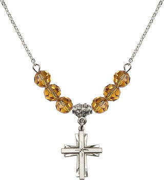 18" Rhodium Plated Necklace with 4mm Topaz Crystal Beads featuring a Sterling Silver Cross Medal.